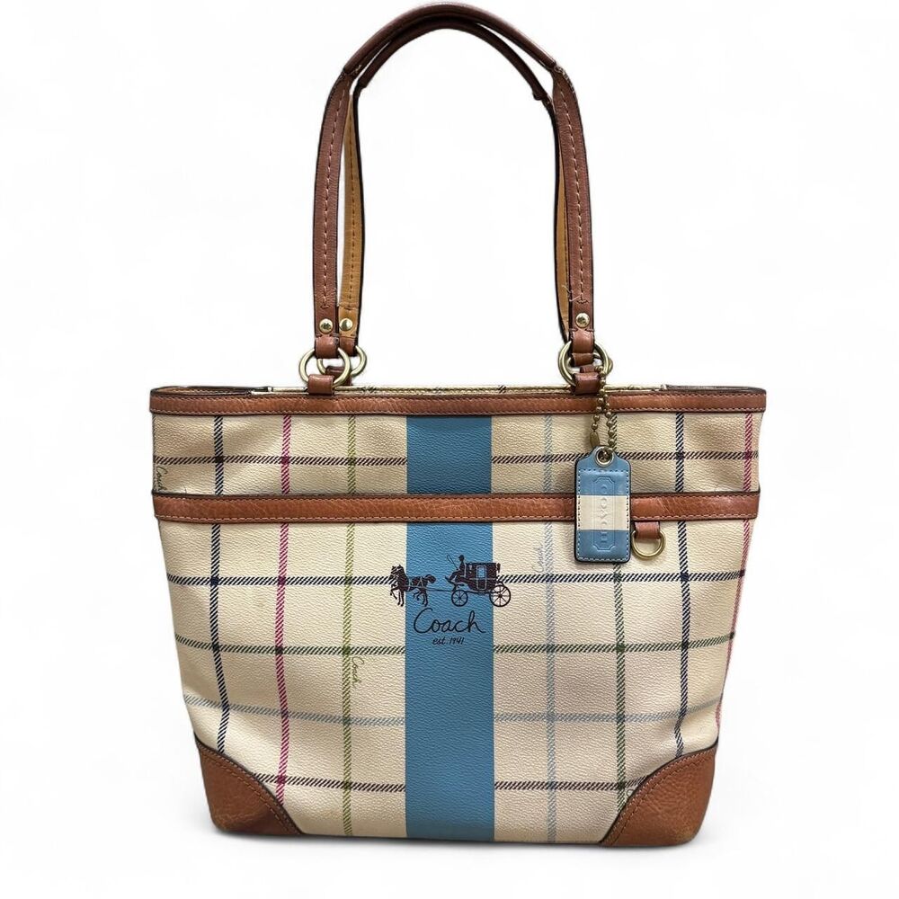 Coach Blue Stripe Plaid Tattersall Tote Cream Canvas Heritage Bag